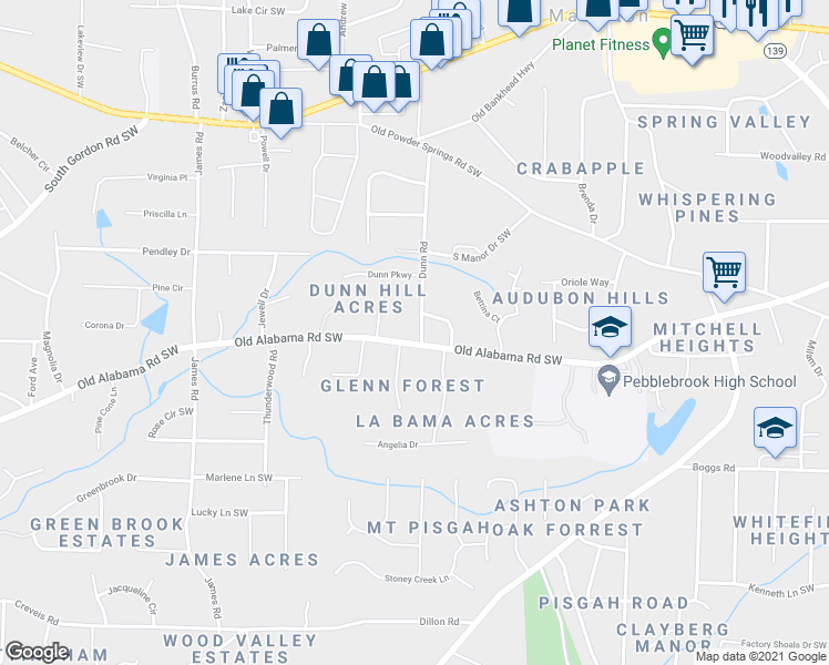 map of restaurants, bars, coffee shops, grocery stores, and more near 5970 Dunn Road in Mableton