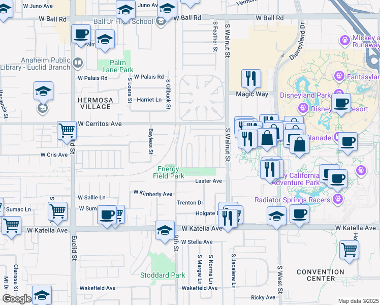 map of restaurants, bars, coffee shops, grocery stores, and more near 1608 South Hampstead Street in Anaheim