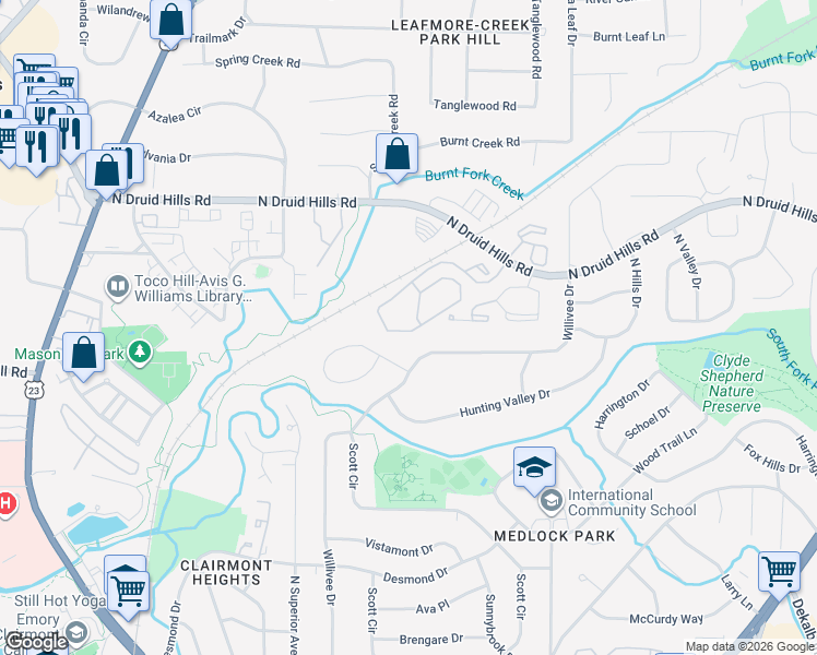 map of restaurants, bars, coffee shops, grocery stores, and more near 3457 North Druid Hills Road Northeast in Decatur