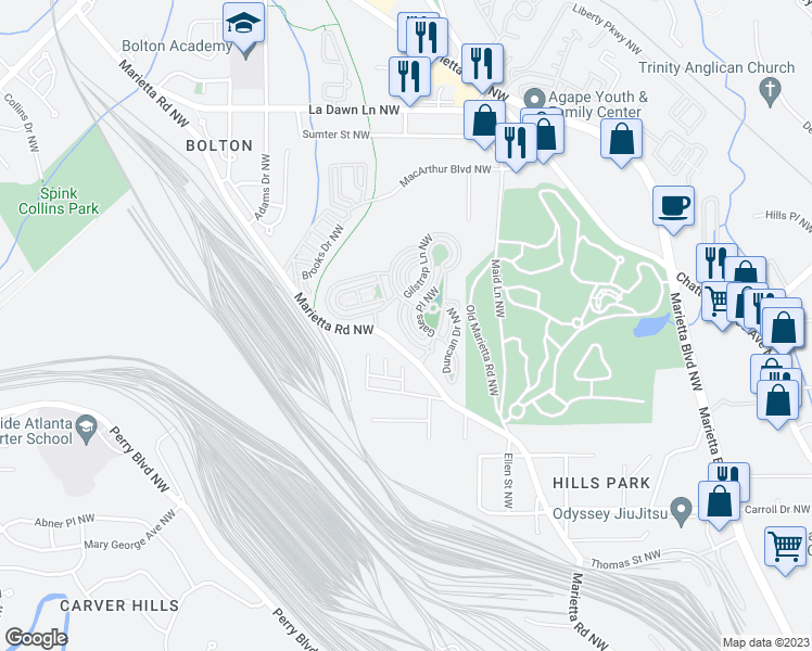 map of restaurants, bars, coffee shops, grocery stores, and more near 1525 Gilstrap Lane in Atlanta