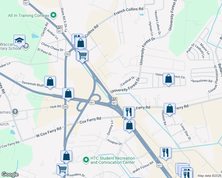 map of restaurants, bars, coffee shops, grocery stores, and more near 490 University Forest Drive in Conway