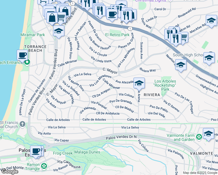 map of restaurants, bars, coffee shops, grocery stores, and more near 461 Calle De Aragon in Redondo Beach