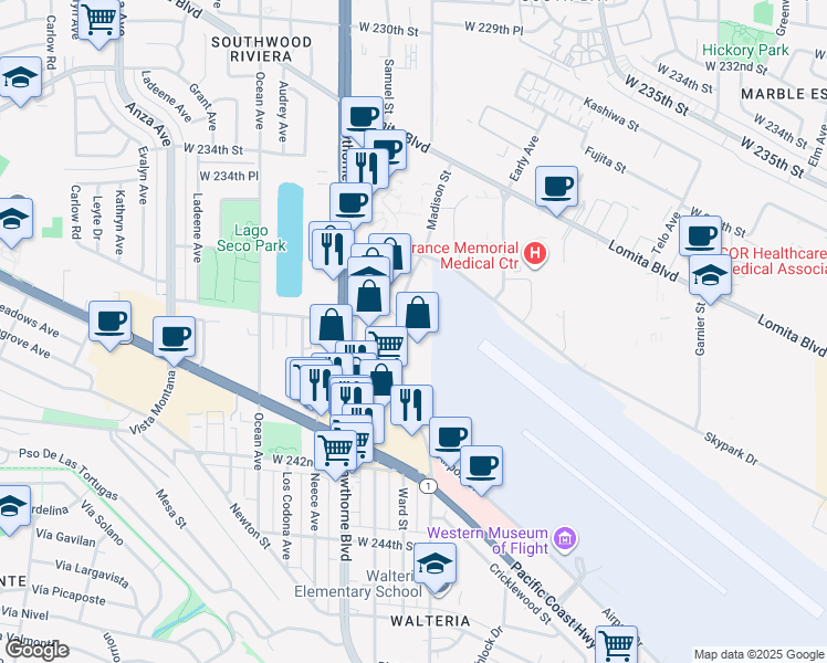 map of restaurants, bars, coffee shops, grocery stores, and more near 23820 Hawthorne Boulevard in Torrance