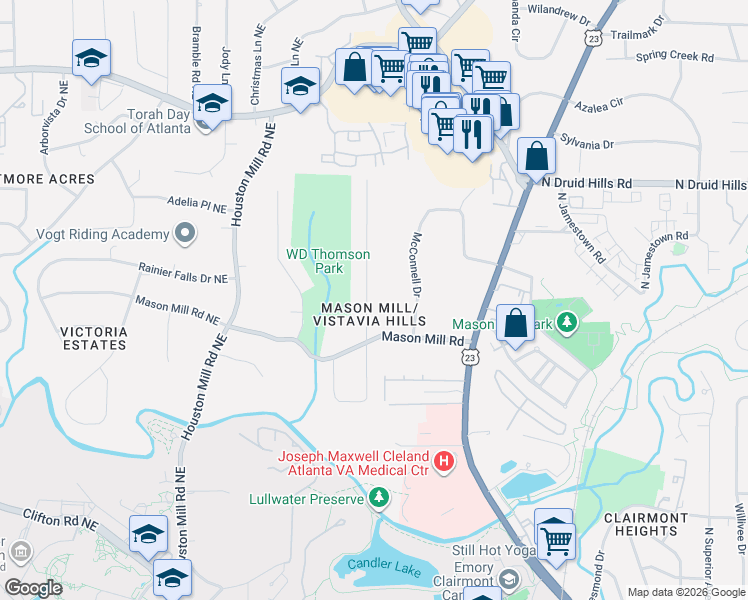 map of restaurants, bars, coffee shops, grocery stores, and more near 1028 Vistavia Circle in Decatur