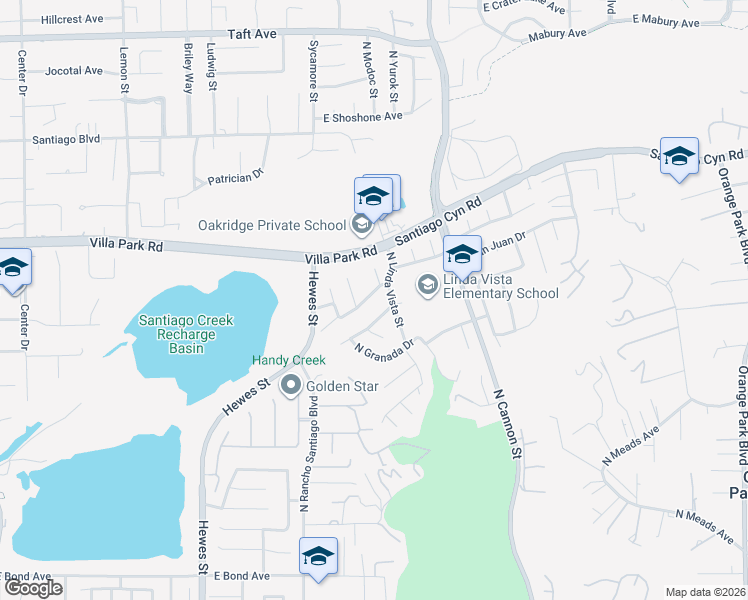 map of restaurants, bars, coffee shops, grocery stores, and more near 5112 East Valencia Drive in Orange
