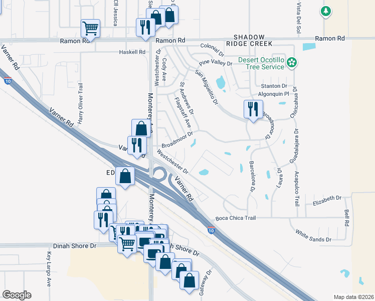 map of restaurants, bars, coffee shops, grocery stores, and more near 33170 Laredo Circle in Thousand Palms