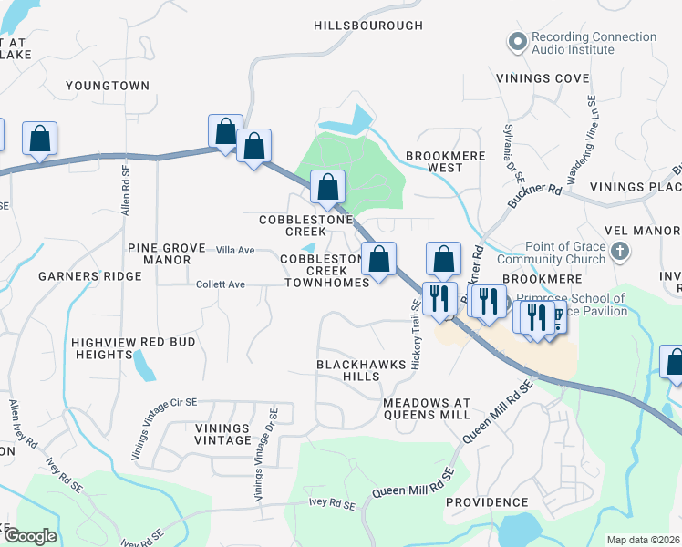 map of restaurants, bars, coffee shops, grocery stores, and more near 5651 Cobblestone Creek Place in Mableton