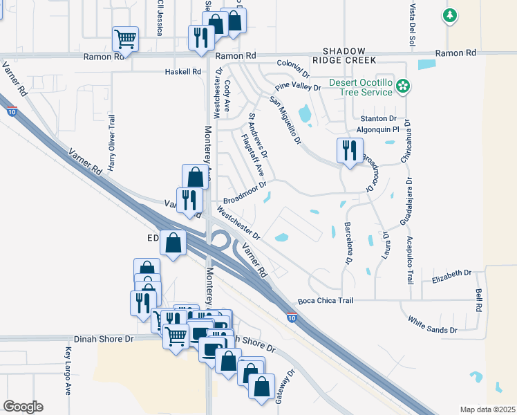 map of restaurants, bars, coffee shops, grocery stores, and more near 33170 Laredo Circle in Thousand Palms