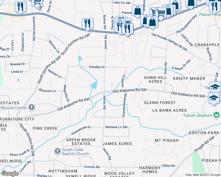 map of restaurants, bars, coffee shops, grocery stores, and more near 1484 Old Alabama Road Southwest in Mableton