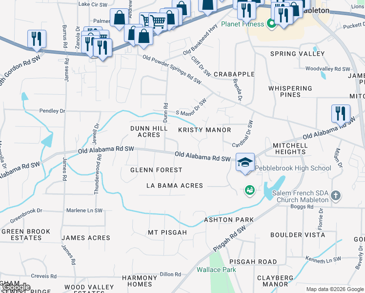 map of restaurants, bars, coffee shops, grocery stores, and more near 1148 Edwin Circle in Mableton