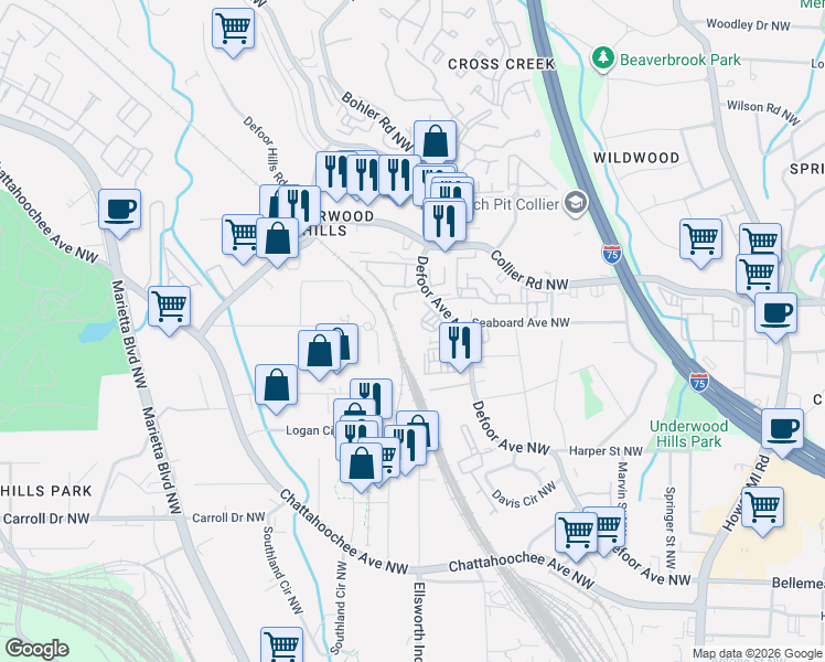 map of restaurants, bars, coffee shops, grocery stores, and more near 1990 Defoor Avenue Northwest in Atlanta