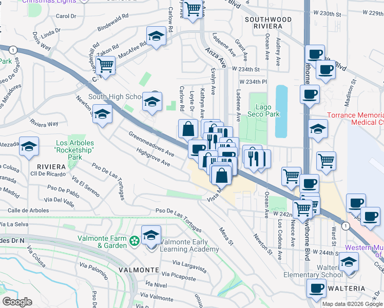 map of restaurants, bars, coffee shops, grocery stores, and more near 4350 Pacific Coast Highway in Torrance