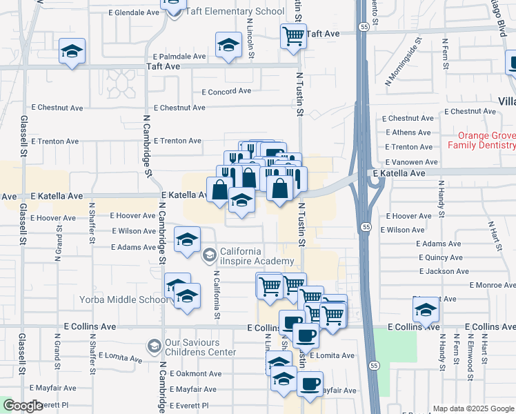 map of restaurants, bars, coffee shops, grocery stores, and more near 1500 East Katella Avenue in Orange