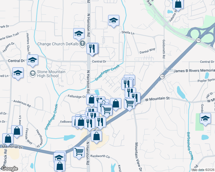 map of restaurants, bars, coffee shops, grocery stores, and more near 1022 Thorn Woode Lane in Stone Mountain