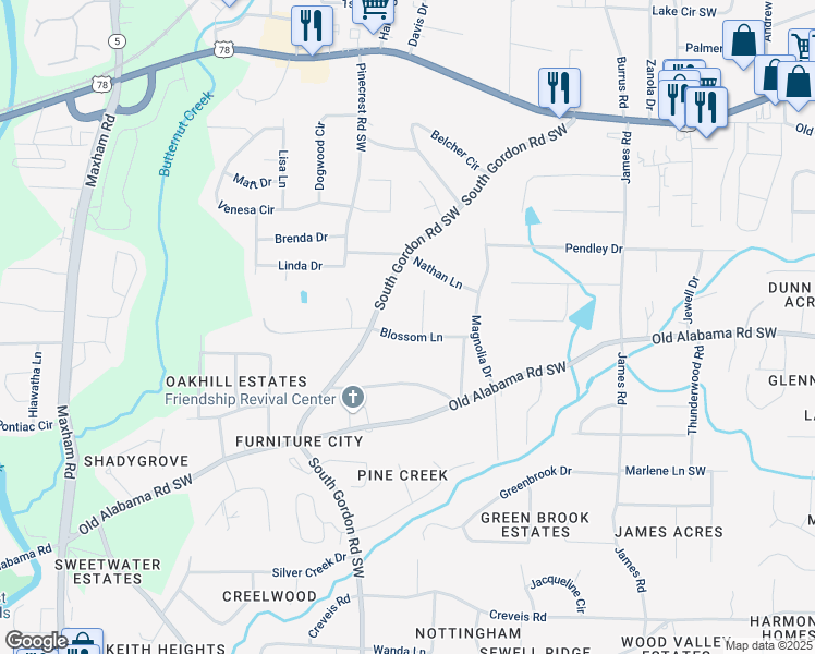 map of restaurants, bars, coffee shops, grocery stores, and more near 1794 Blossom Lane in Austell
