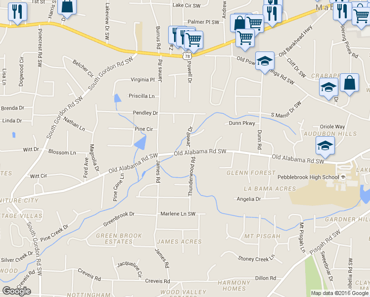 map of restaurants, bars, coffee shops, grocery stores, and more near 1416 Old Alabama Road Southwest in Mableton