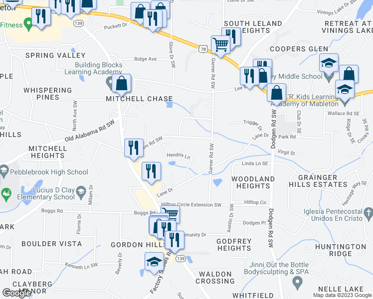 map of restaurants, bars, coffee shops, grocery stores, and more near 448 Clapton Court in Mableton