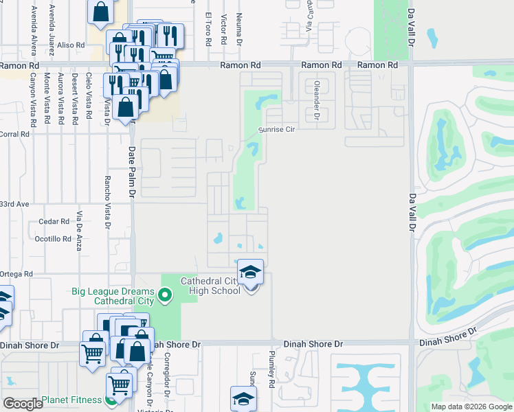 map of restaurants, bars, coffee shops, grocery stores, and more near Golf Course Drive in Cathedral City