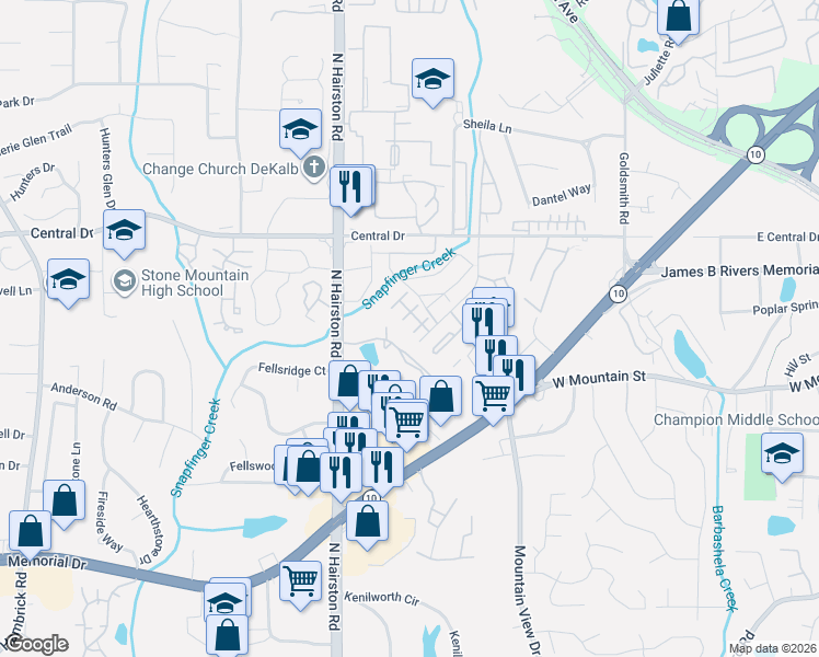 map of restaurants, bars, coffee shops, grocery stores, and more near 1022 Thorn Woode Lane in Stone Mountain