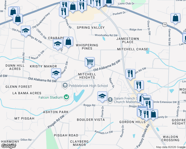 map of restaurants, bars, coffee shops, grocery stores, and more near 5971 Pisgah Road Southwest in Mableton