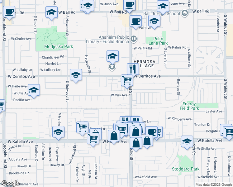 map of restaurants, bars, coffee shops, grocery stores, and more near 1737 West Cris Avenue in Anaheim