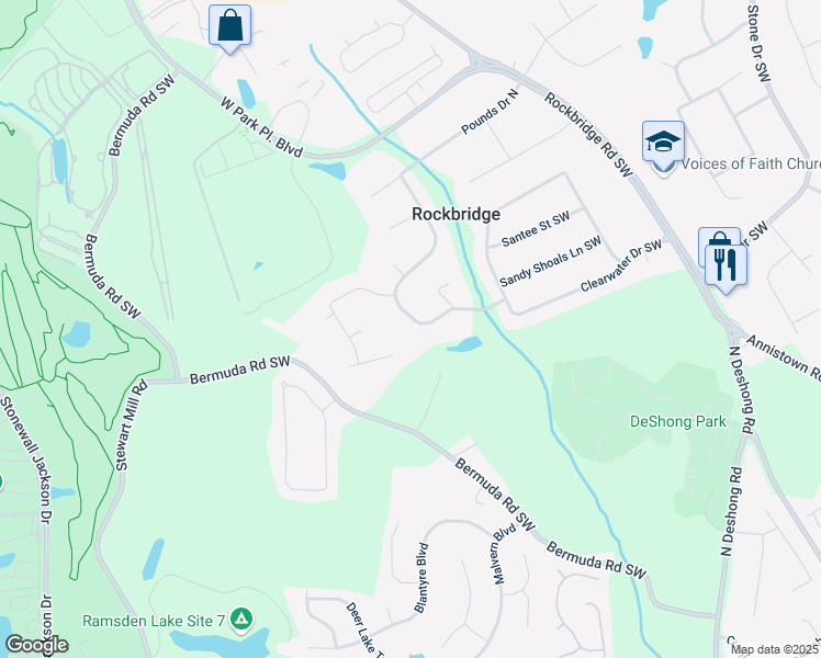 map of restaurants, bars, coffee shops, grocery stores, and more near 2513 Rockwood Way Southwest in Stone Mountain