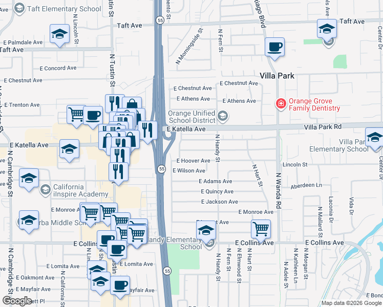 map of restaurants, bars, coffee shops, grocery stores, and more near 2238 East Coolidge Avenue in Orange