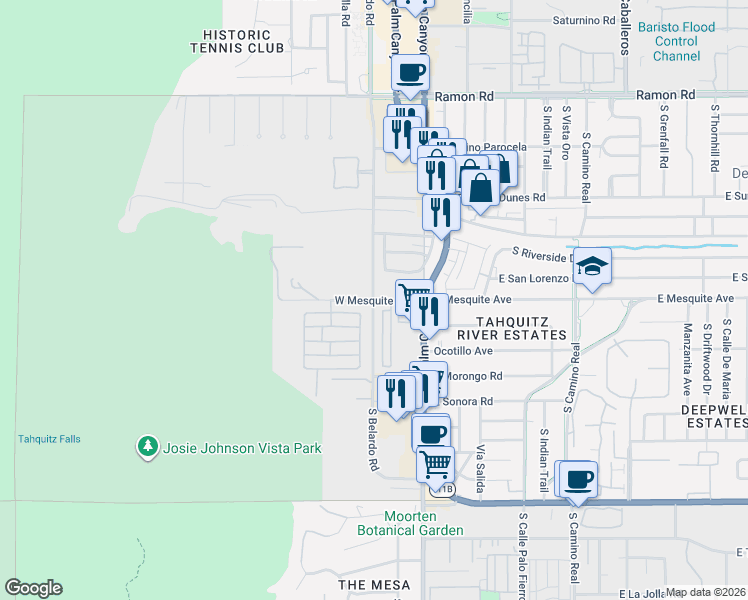 map of restaurants, bars, coffee shops, grocery stores, and more near South Belardo Road in Palm Springs