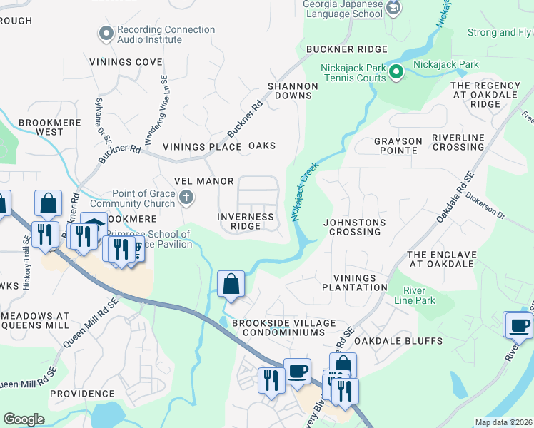 map of restaurants, bars, coffee shops, grocery stores, and more near 6041 Castlemain Drive Southeast in Mableton