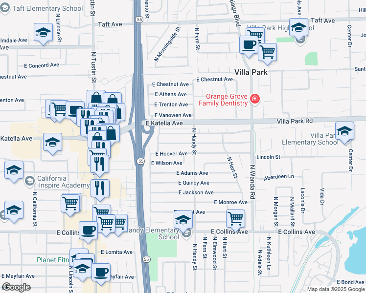 map of restaurants, bars, coffee shops, grocery stores, and more near 2400 East Coolidge Avenue in Orange