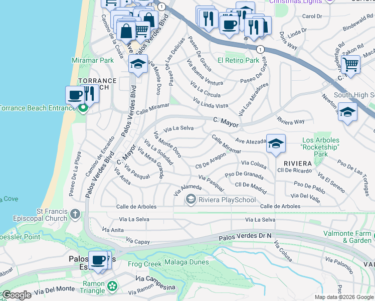 map of restaurants, bars, coffee shops, grocery stores, and more near 420 Vía Los Miradores in Redondo Beach