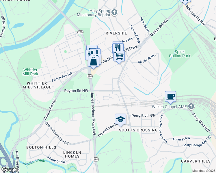 map of restaurants, bars, coffee shops, grocery stores, and more near 2632 Oakdale Street Northwest in Atlanta