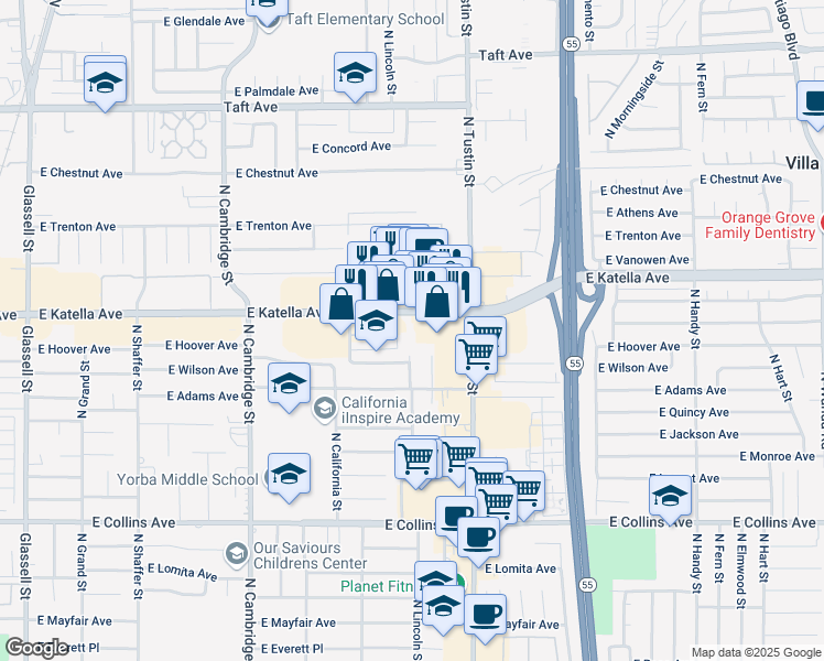 map of restaurants, bars, coffee shops, grocery stores, and more near 1500 East Katella Avenue in Orange