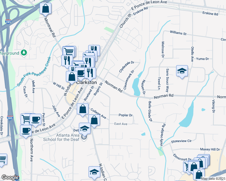 map of restaurants, bars, coffee shops, grocery stores, and more near 3775 Norman Road in Clarkston