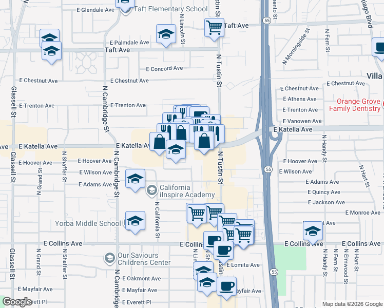 map of restaurants, bars, coffee shops, grocery stores, and more near in Villa Park