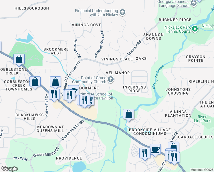map of restaurants, bars, coffee shops, grocery stores, and more near 980 Highland Village Trail in Mableton
