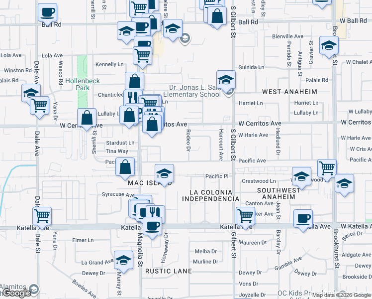 map of restaurants, bars, coffee shops, grocery stores, and more near 10621 Rodeo Drive in Anaheim