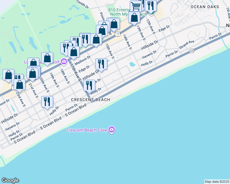 map of restaurants, bars, coffee shops, grocery stores, and more near 1519 South Ocean Boulevard in North Myrtle Beach