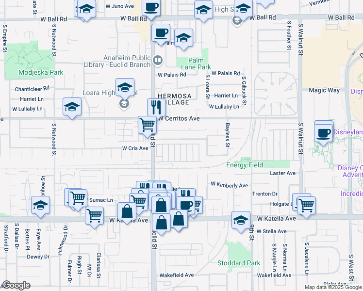 map of restaurants, bars, coffee shops, grocery stores, and more near 1616 South Euclid Street in Anaheim