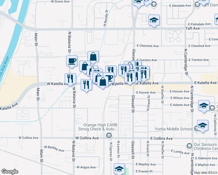 map of restaurants, bars, coffee shops, grocery stores, and more near 428 West Katella Avenue in Orange