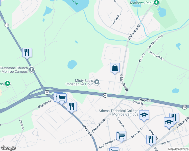 map of restaurants, bars, coffee shops, grocery stores, and more near 610 Peters Street in Monroe