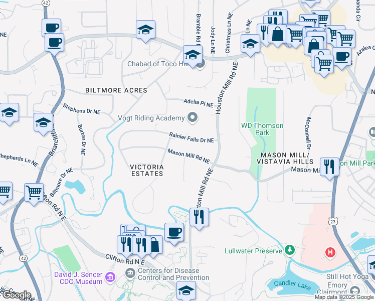 map of restaurants, bars, coffee shops, grocery stores, and more near 1634 Mason Mill Road Northeast in Atlanta