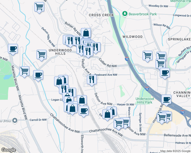 map of restaurants, bars, coffee shops, grocery stores, and more near 1420 Defoors Drive Northwest in Atlanta