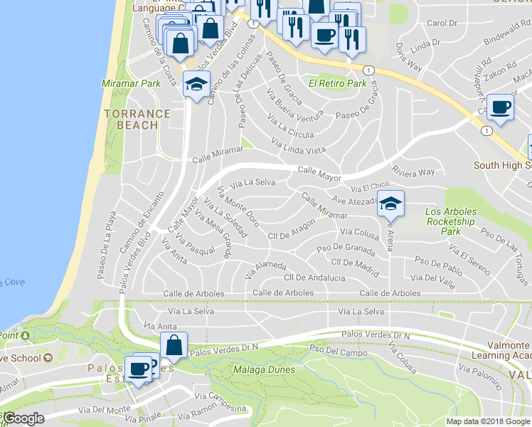 map of restaurants, bars, coffee shops, grocery stores, and more near 420 Vía Los Miradores in Redondo Beach