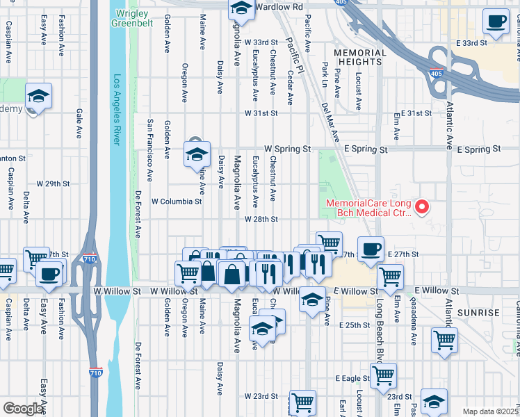 map of restaurants, bars, coffee shops, grocery stores, and more near 2824 Eucalyptus Avenue in Long Beach