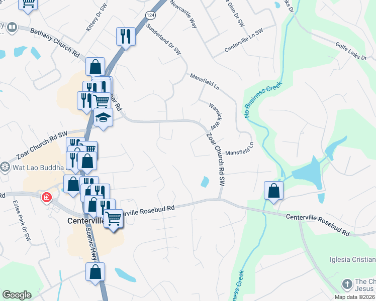 map of restaurants, bars, coffee shops, grocery stores, and more near 3675 Warwick Way in Snellville