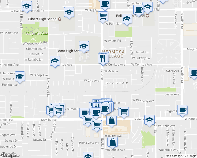 map of restaurants, bars, coffee shops, grocery stores, and more near 1709 West Cris Avenue in Anaheim