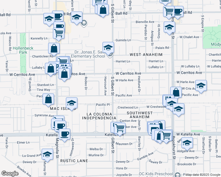 map of restaurants, bars, coffee shops, grocery stores, and more near 10621 South Gilbert Street in Anaheim