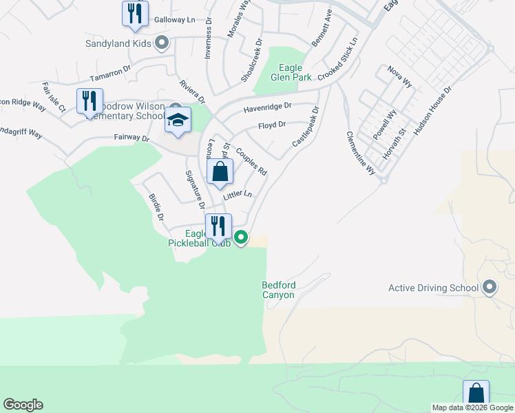 map of restaurants, bars, coffee shops, grocery stores, and more near 4487 Driving Range Road in Corona