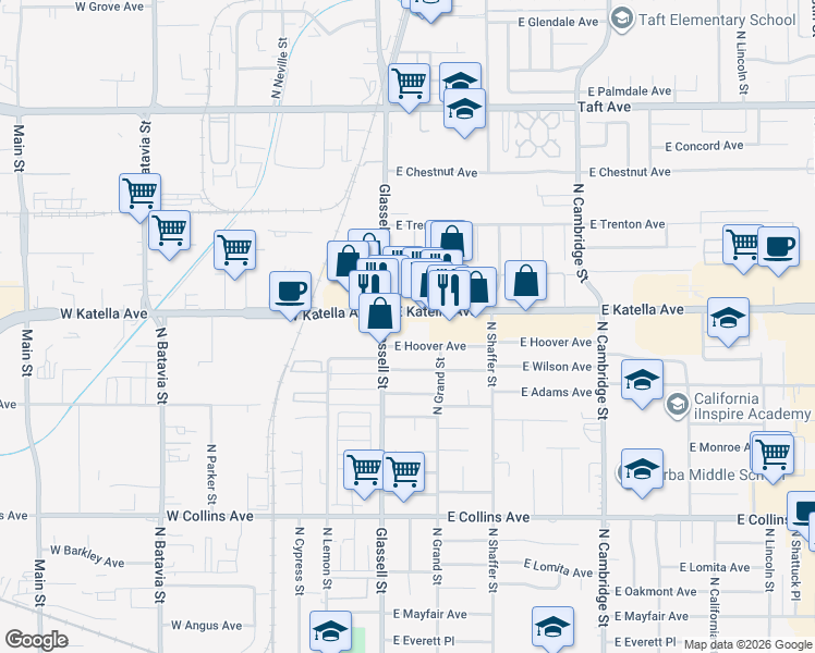 map of restaurants, bars, coffee shops, grocery stores, and more near 141 East Hoover Avenue in Orange